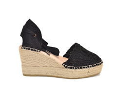 YUNE33 ESPADRILLES SANDALO CON ZEPPA CON DETTAGLI IN UNCINETTO RUSTICO NEGRO